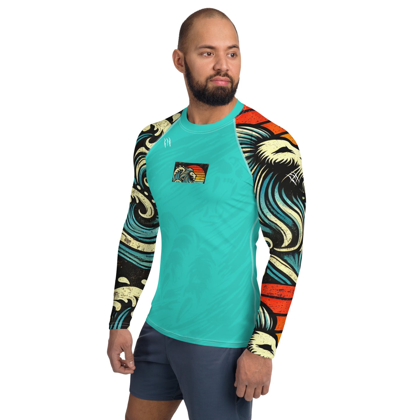 Lion Sleeve Turquoise Blue Men's Rash Guard