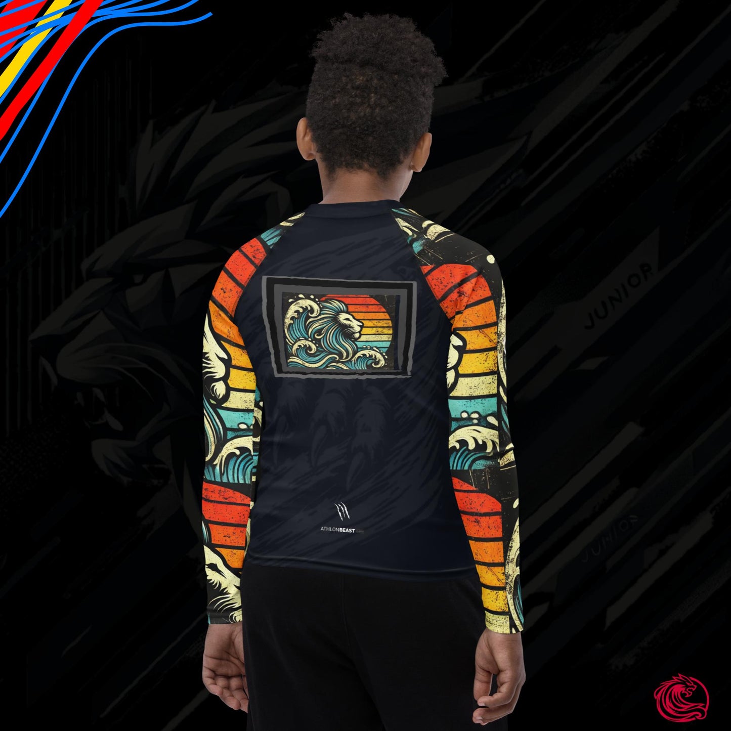 LION Midnight Black Youth Rash Guard – UPF 50+ with Vibrant Sleeves for Active Kids