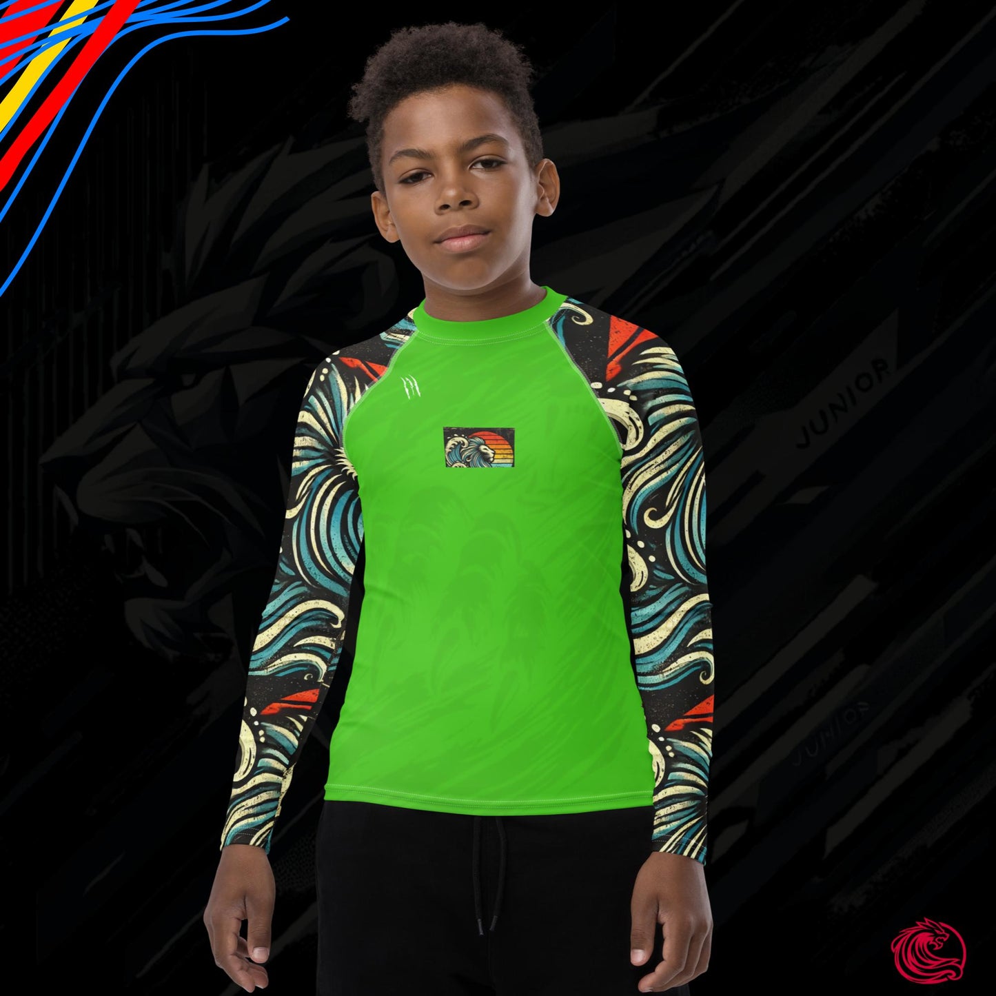 LION Sleeve Harlequin Green Youth Rash Guard – UPF 50+ Protection for Active Kids