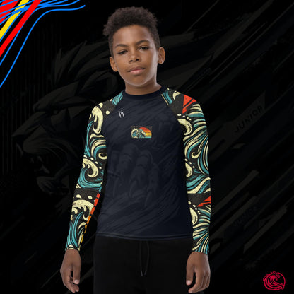 LION Midnight Black Youth Rash Guard – UPF 50+ with Vibrant Sleeves for Active Kids