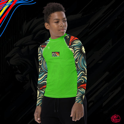 LION Sleeve Harlequin Green Youth Rash Guard – UPF 50+ Protection for Active Kids