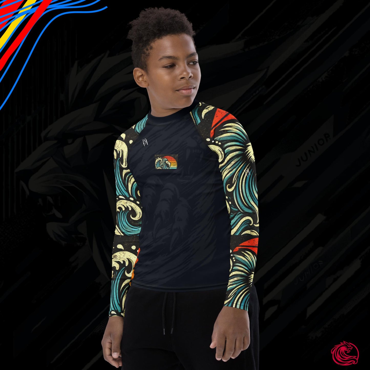 LION Midnight Black Youth Rash Guard – UPF 50+ with Vibrant Sleeves for Active Kids