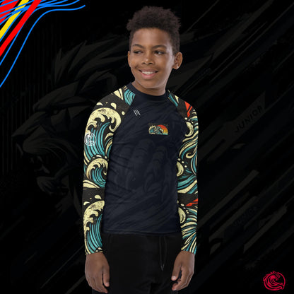 LION Midnight Black Youth Rash Guard – UPF 50+ with Vibrant Sleeves for Active Kids