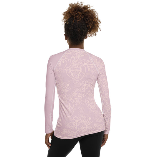 Heart Blossom Lace Pink Women’s Rash Guard – UPF 38+ Stylish Protection for Active Women