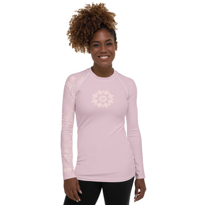 Heart Blossom Lace Pink Women’s Rash Guard – UPF 38+ Stylish Protection for Active Women