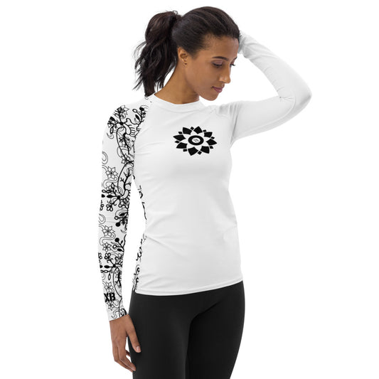 Heart Blossom White Women’s Rash Guard – UPF 38+ Elegant Protection for Active Women