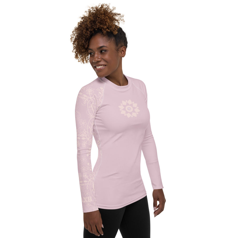 Heart Blossom Lace Pink Women’s Rash Guard – UPF 38+ Stylish Protection for Active Women